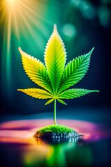Green cannabis leaf with a cinematic lighting effect on a colorful background
