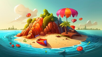 An island with umbrella sun beachballs in the middle of summer day illustration. Generative AI