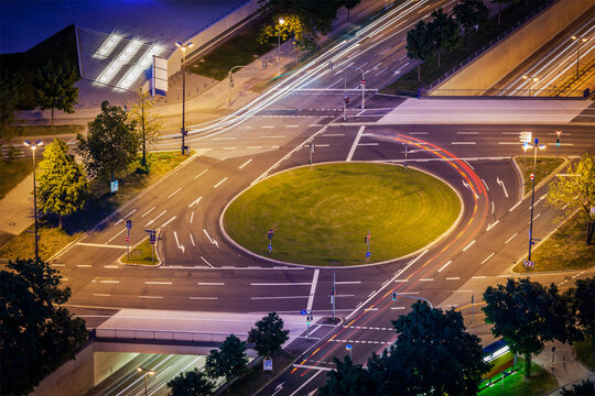 Elevated View Of German Roundabout Road Junction. Munich, Bavaria, Germany,