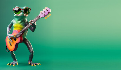 portrait of frog playing guitar and wearing glasses, green gradient background. with copy space, happy and cheerful concept, ideal for banners or greeting cards etc. generative ai