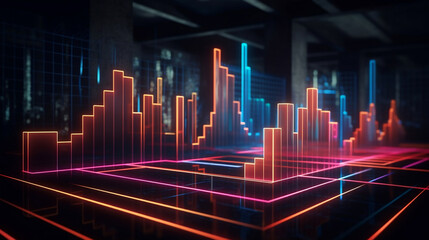 Abstract neon finance sales data and economic growth graph chart at night with red blue yellow glowing lights, background with geometric shapes and lines. Generative AI.