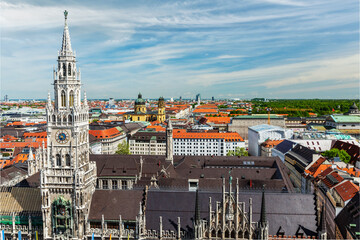 View of Munich Marienplatz, Neues Rathaus and Frauenkirche from St. Peter's church. Munich, Germany