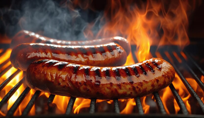 Barbecue juicy sausage on grill fire with smoke on black background. Copy space. Based on Generative AI - obrazy, fototapety, plakaty