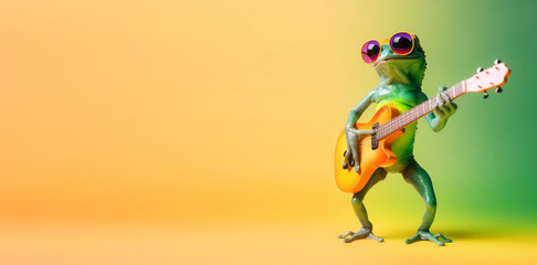 portrait of frog playing guitar and wearing glasses, yellow and green gradient background. with copy space, happy and cheerful concept, ideal for banners or greeting cards etc. generative ai