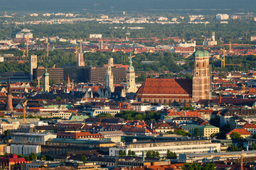 Aerial view of Munich center from Olympiaturm (Olympic Tower) at sunset. Munich, Bavaria, Germany
