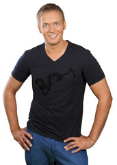 Casually dressed male in a portrait photo with his hands on his hips