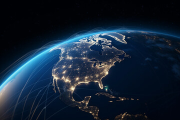 Fototapeta na wymiar Earth globe on black, Satlite air transportation, ai generative
