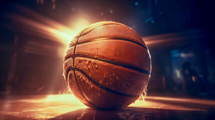  Basketball ball in light of sunbeams, close-up. Generative AI. High quality illustration
