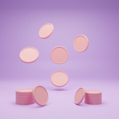 Bundles cash saving money coins floating around on purple background. 3d render illustration