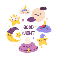 Magic poster with moon, stars, clouds. Set of cute space elements in kawaii style. Children's poster, postcard to the room with a good night wish