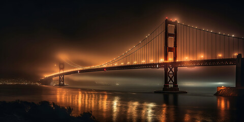 Naklejka na ściany i meble Golden Gate Bridge at Night: A Majestic Display of Light and Reflection, AI Generated