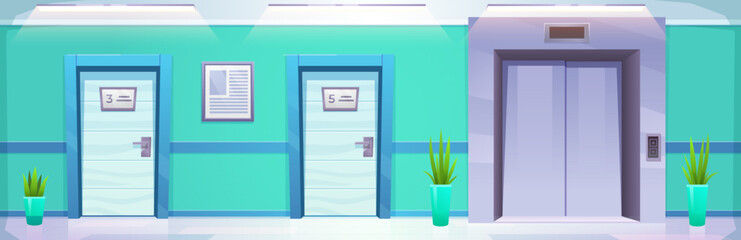 Hospital corridor with room door vector cartoon background. Emergency hallway in clinic inside with double metal elevator and entrance to cabinet or ward with number. Empty ambulatory panorama © klyaksun