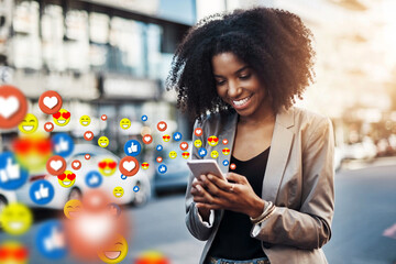 City, social media icon or black woman with phone for communication, texting or online chat...