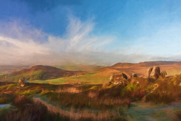 Digital painting of a beautiful Ramshaw Rocks sunrise at Ramshaw Rocks in the Peak District National Park.