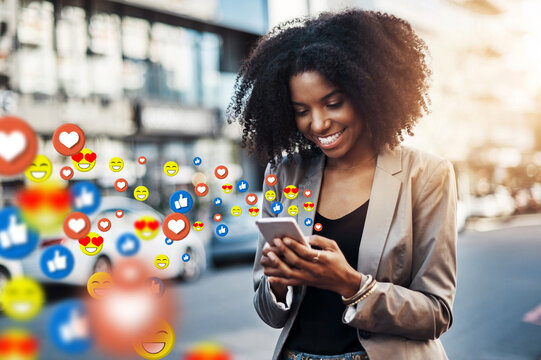 City, social media icon or black woman with phone for communication, texting or online chat website. Overlay, smile or happy girl typing on mobile app or digital networking with like or heart emoji - Powered by Adobe