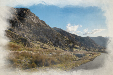 Stwlan Dam and the Moelwyn mountains digital watercolor painting.