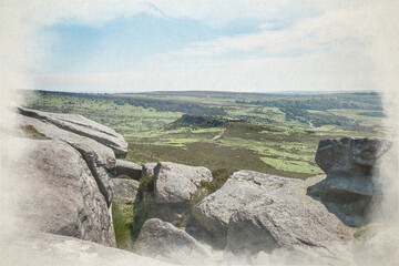 A digital watercolour painting of the ancient Iron Age hill fort Carl Wark near Higger Tor in the Peak District. © Rob Thorley