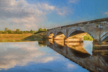 Digital painting of a 19th century toll bridge across the River Trent at Willington, Derbyshire.