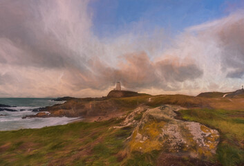 Digital painting of the Llanddwyn island lighthouse, Twr Mawr at Ynys Llanddwyn on Anglesey, North Wales.