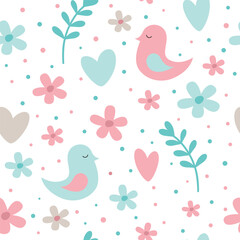 Seamless pattern with birds, hearts and flowers. Vector illustration
