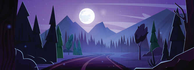 Night road in forest cartoon illustration. Full moon light with sparkles and mountain vector landscape scene. Empty dark purple nature pine tree silhouette and highway outdoor horror panorama.