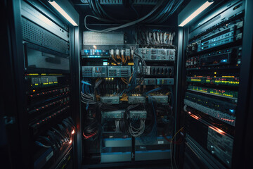 Data center with server room. Platform for hosting contemporary Internet contents. Generative AI