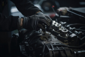 Fototapeta na wymiar Mechanic works on the engine of the car in the garage. Generative AI