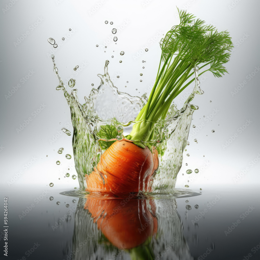 Poster carrot is being splashed with water. generative ai