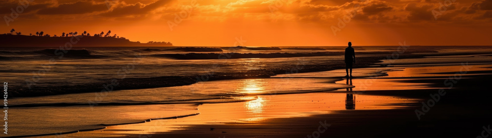 Poster sun is setting over the ocean on a beach. generative ai