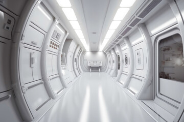 Spaceship or science lab, sci-fi corridor white color. Generative AI