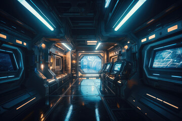 NASA provided the future inside of a dark blue spaceship with a window view of Earth. Generative AI © AIproduction