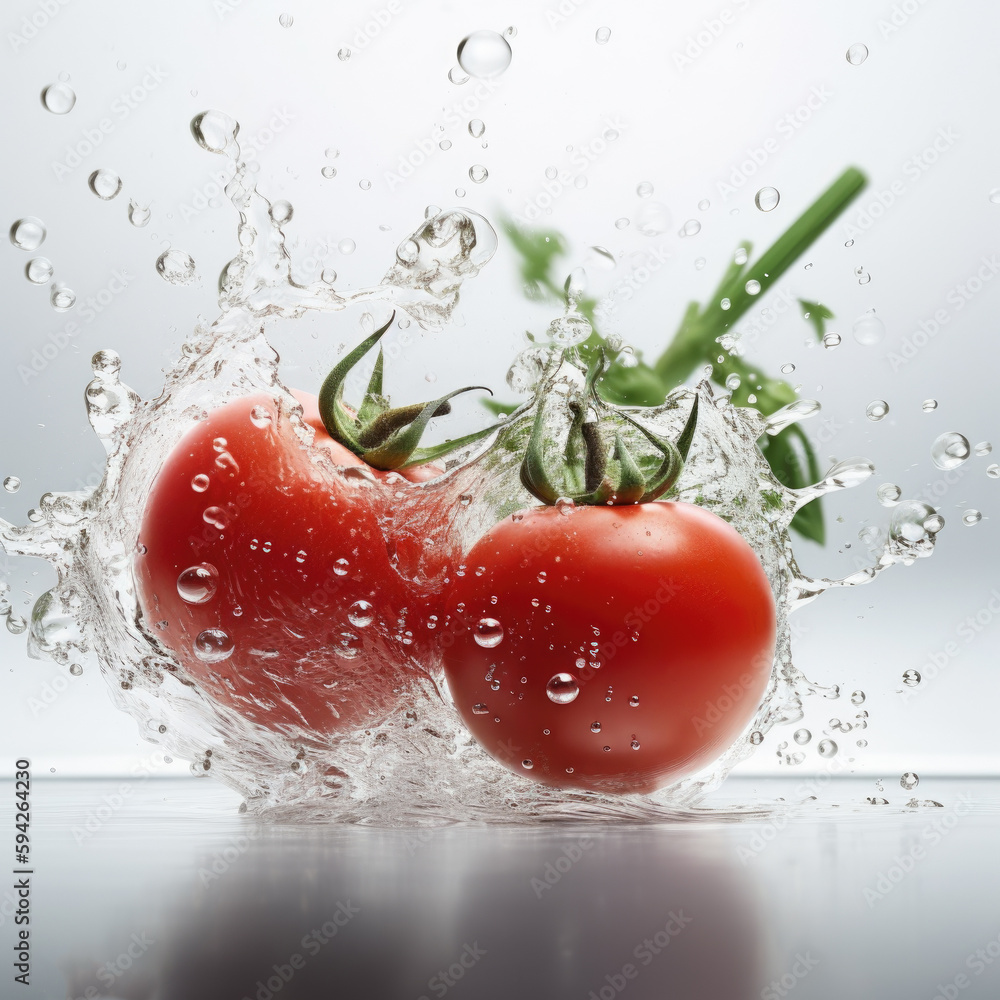 Poster two tomatoes are splashed with water. generative ai