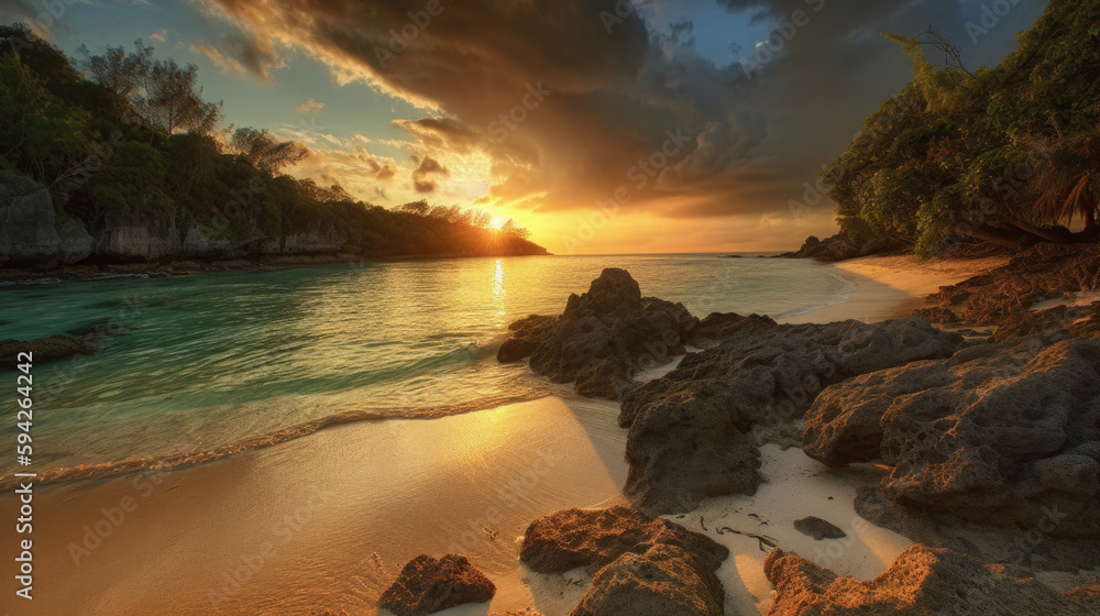 Poster sun is setting over a beach with rocks and water. generative ai