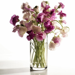 Sweet peas in a clear vase on a white background. Generative AI