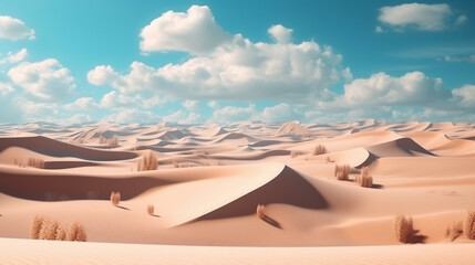 Fototapeta na wymiar Abstract panoramic background. Desert landscape with sand dunes under the sky with white clouds. Generative AI.