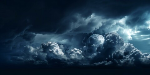 Obraz premium Lack dark blue night sky. White cumulus clouds. Moonlight, starlight. Digital composition, Background. Astrology, astronomy, science fiction, fantasy, dream. Storm front. Generative AI