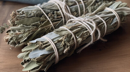 Sage smudge on a wooden table. Generative AI