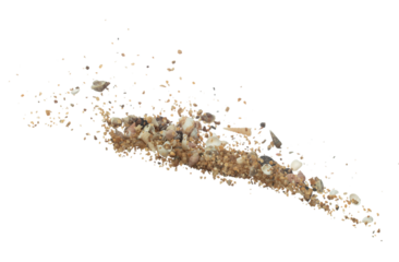 Seashell sand fall splashing in air. sea shell explosion flying, sand abstract cloud fly. Many Seashell scatter in many group. White background isolated high speed shutter freeze motion