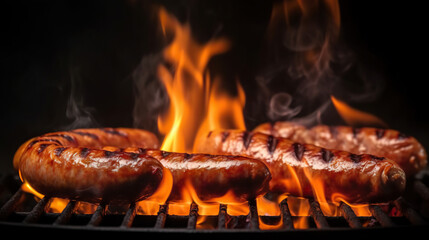 Barbecue juicy sausage on grill fire with smoke on black background. Copy space. Based on Generative AI