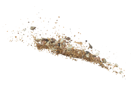 Seashell sand fall splashing in air. sea shell explosion flying, sand abstract cloud fly. Many Seashell scatter in many group. White background isolated high speed shutter freeze motion