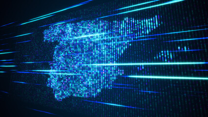 Abstract Futuristic Blue Shinny Binary Digital Number Mosaic Grid Map Of Spain Perspective View With Horizontal Light Streaks
