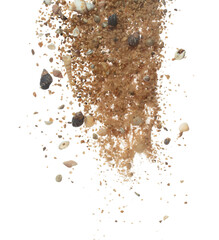 Seashell sand fall splashing in air. sea shell explosion flying, sand abstract cloud fly. Many Seashell scatter in many group. White background isolated high speed shutter freeze motion