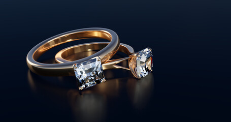 3d render of a gold ring with diamonds. 3d render of two gold rings with diamonds on reflective background with emphasis on diamonds. blurry background, 3D jewelry ring.