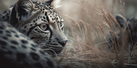 Portrait of a leopard lying on the ground in the wild, close-up. Generative AI