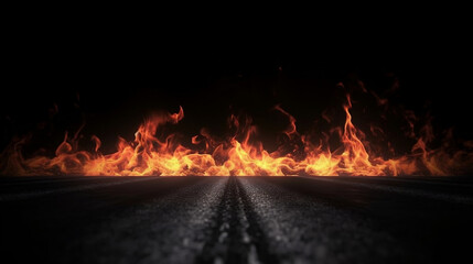 Blazing flames and road on fire over black background. Generative AI.