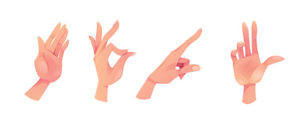 Vector hand gesture set. Isolated female palm, touch, ok and waving arm sign cartoon illustration. Girl body language signal collection. Different lady social communication concept with fingertip