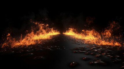 Blazing flames and road on fire over black background. Generative AI.