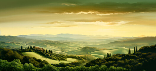 Fototapeta premium Toskana Italien Etruria Landschaft Umgebung Illustration Wandbild Grafik Digital Art Digitale Kunst Generative AI Hintergrund Magazin Cover