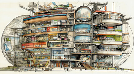 Drawing futuristic, architectural design drawing. Generative AI.