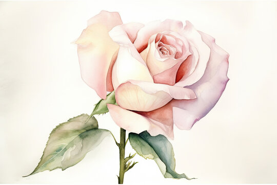 Paint a romantic and dreamy watercolor picture of a single rose in soft pastel colors, with a white background that adds a sense of purity and innocence to the scene